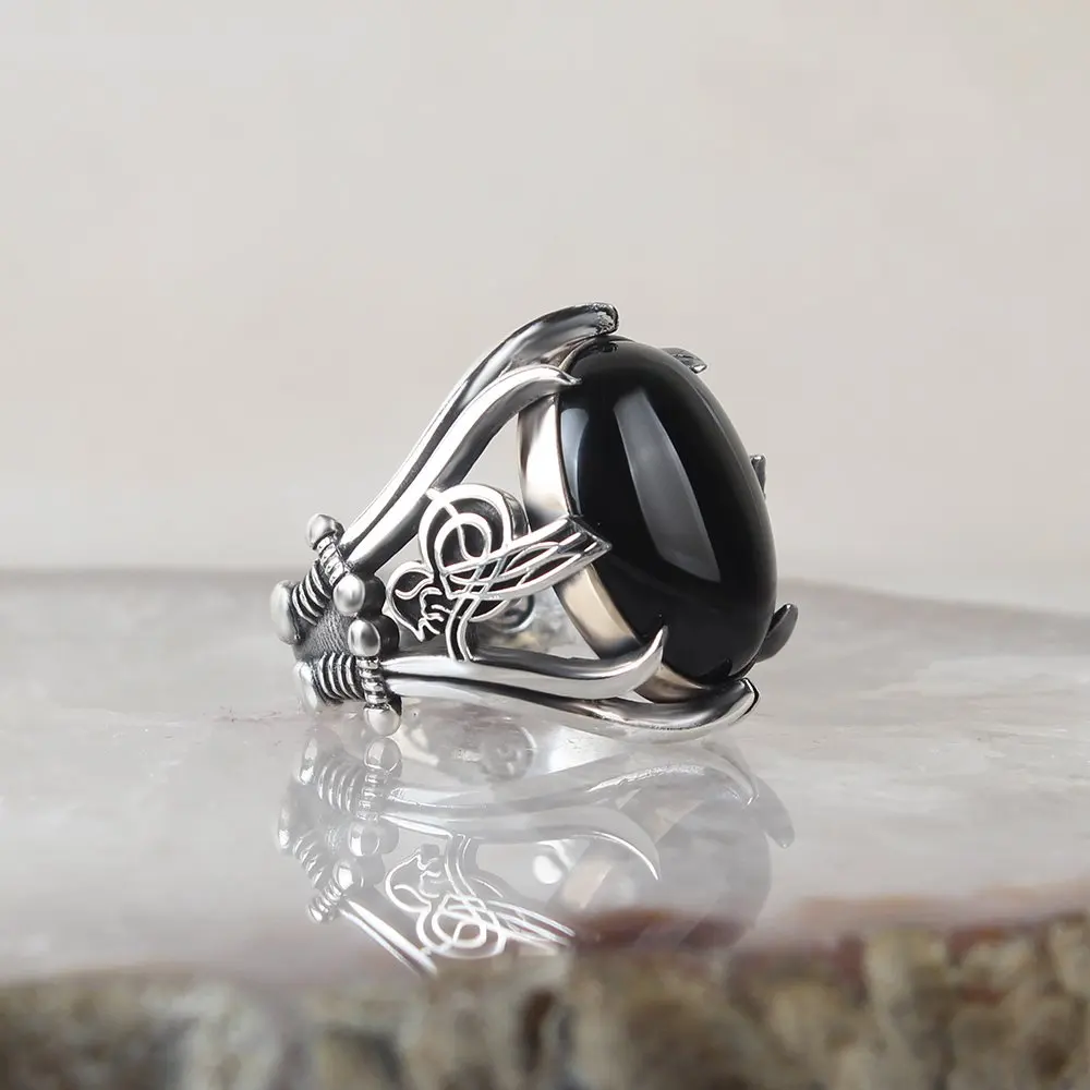 MEN 'S 925 Sterling Silver Ring, Onyx Stone, Sword and Ottoman Tuğra Embroidered, Handmade, made in Turkey, Fashion Jewelry Trend High Quality