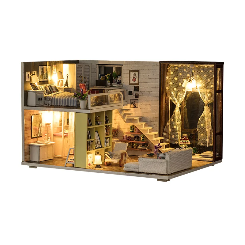 Кукольный дом мебель 3D-DIY Миниатюрная модель+ 3D светильник Деревянный кукольный домик K-028F