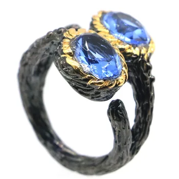 

21x13mm Sublime Antique Vintage Created Violet Tanzanite Gift For Ladies Black Gold Silver Rings