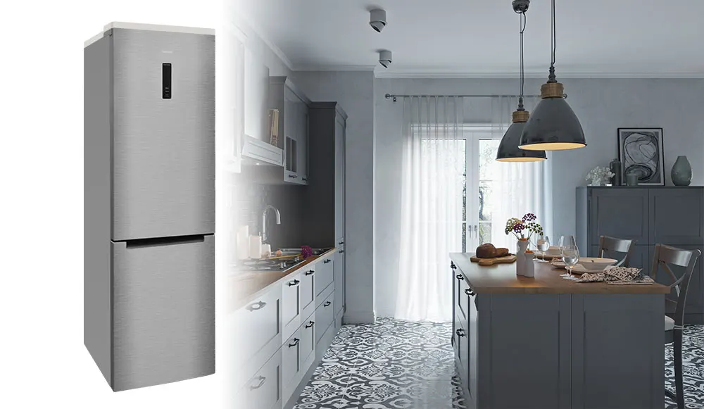 Холодильник 185см высотой, с системой No Frost, HIBERG RFC-331D NFS, 350л, А+, 2 года гарантии, зона свежести, LED освещение и дисплей, серебристый фасад