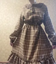 Plaid Dress Peter-Pan-Collar Long-Sleeve Autumn-Style Mori-Girl Cute Kawaii Fashion Lady