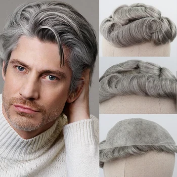 

YY Wigs Brown Mixed Grey Human Hair Toupee for Men #5 80% Gray Remy Hair Replacement System Curly Skin PU Men's Toupee
