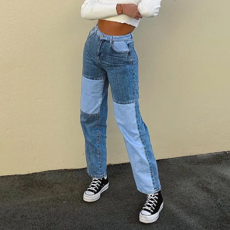 Y2K Lurus Patchwork Jeans Wanita 