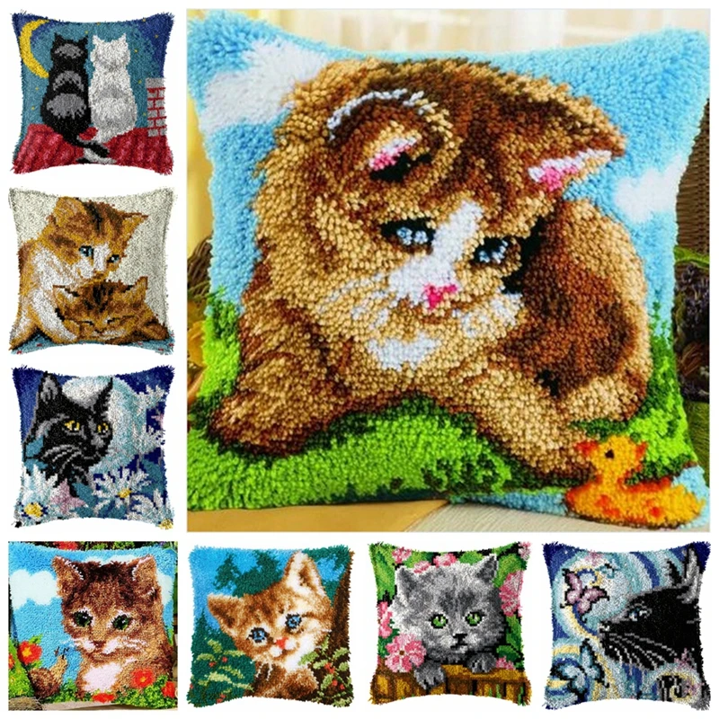 DIY Latch Hook Pillow Kit Cute Cat Carpet Embroidery Do-It-Yourself Carpet  Cushion Button Package