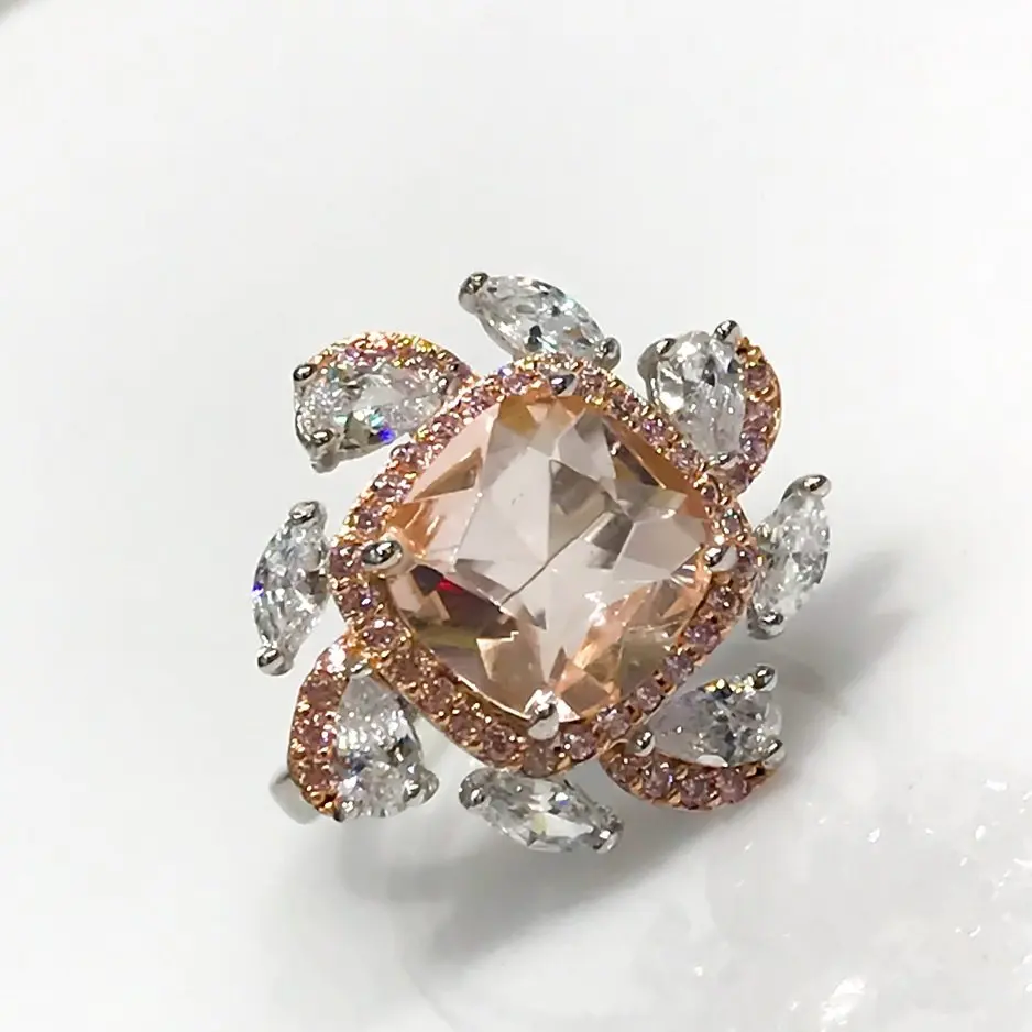 Sitrin-Pembe кварц специальное качество бриллиантовое серебряное кольцо
