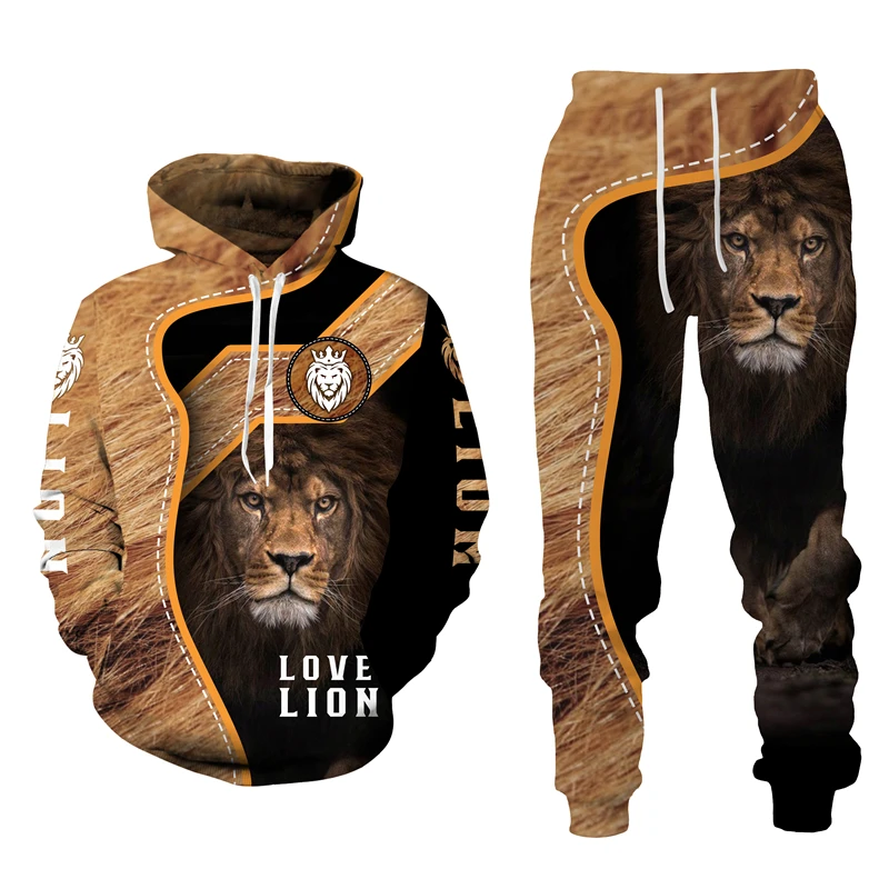 mens shorts and t shirt set The King 3d Printed Hoodie Pants Sets Autumn Winter Casual Sweashirt Pullover Lion Men's Tracksuits Set Fashion Men's Clothing men's outfit sets