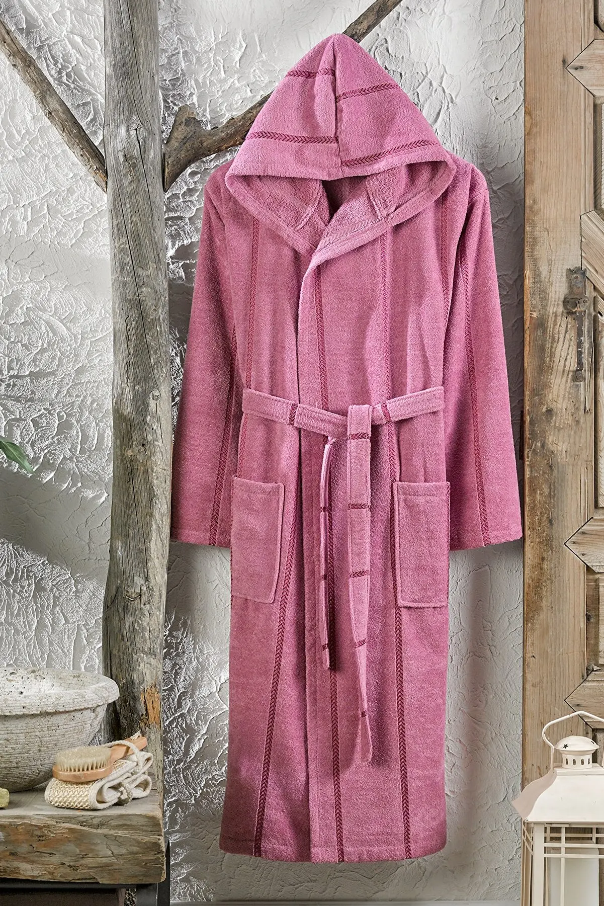 Luxury Cotton Purple Bathrobe For Women With Hooded And Belt Towel Velvet Patterned Nightrobe Sleepwear Bath Robe Made In Turkey