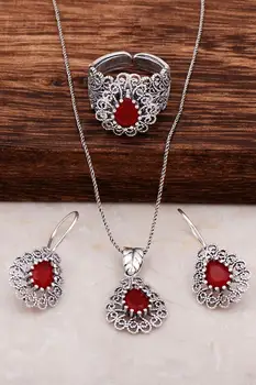 

Filigree Embroidered Root Ruby Stone Silver Drop Set 1887Hand Made Silver Jewellery Set