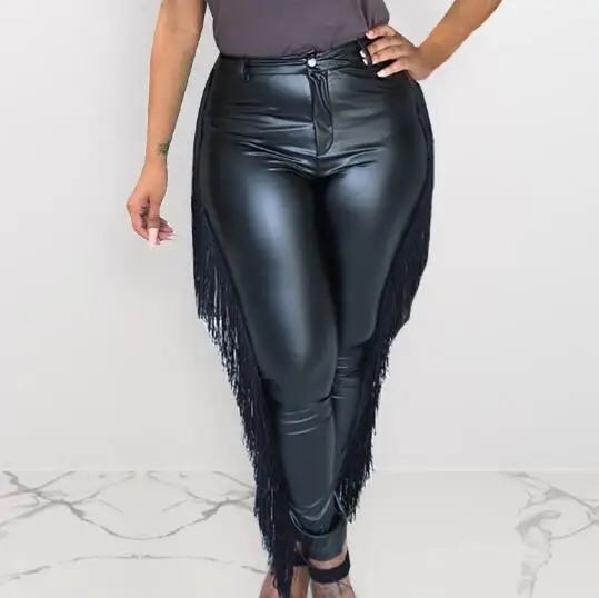 Кожаные штаны с кисточками черного цвета, обтягивающие велосипедные штаны с высокой талией из искусственной кожи, женские брюки, обтягивающие брюки-карандаш с эффектом пуш-ап - Цвет: Black