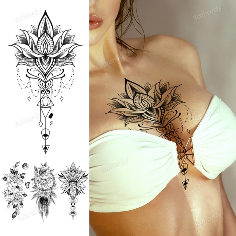 Pegatinas de tatuaje temporal de encaje negro para mujer, tatuaje de henna falsa con flor de loto, arte corporal debajo del pecho, tatuaje sexy para mujer y Niña|Tatuajes temporales| AliExpress