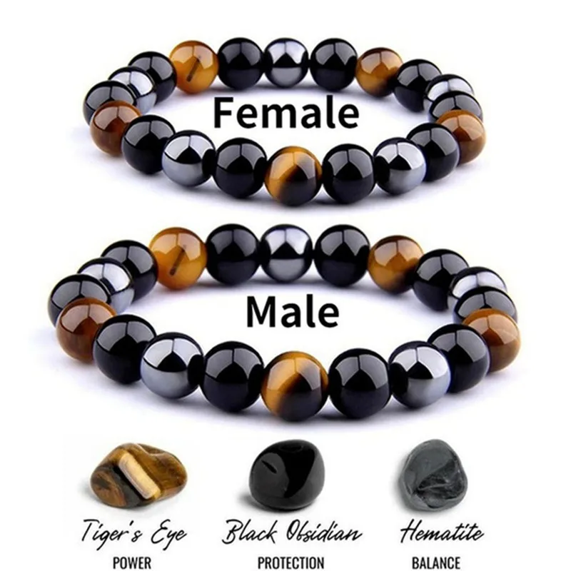 Beaded Bracelet Mens Beaded Bracelet For Men Tiger Eye Triple Protection Hematite and Black Obsidian Stone