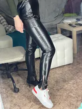 OrangeA de moda de las mujeres pantalones de piel de imitación Y2K pantalones dividir lápiz negro de alta cintura moda de calle elegante Sexy Slim Skinny Clubwear