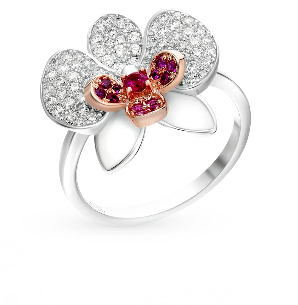Серебряное кольцо с корундом и фианитами SUNLIGHT проба 925