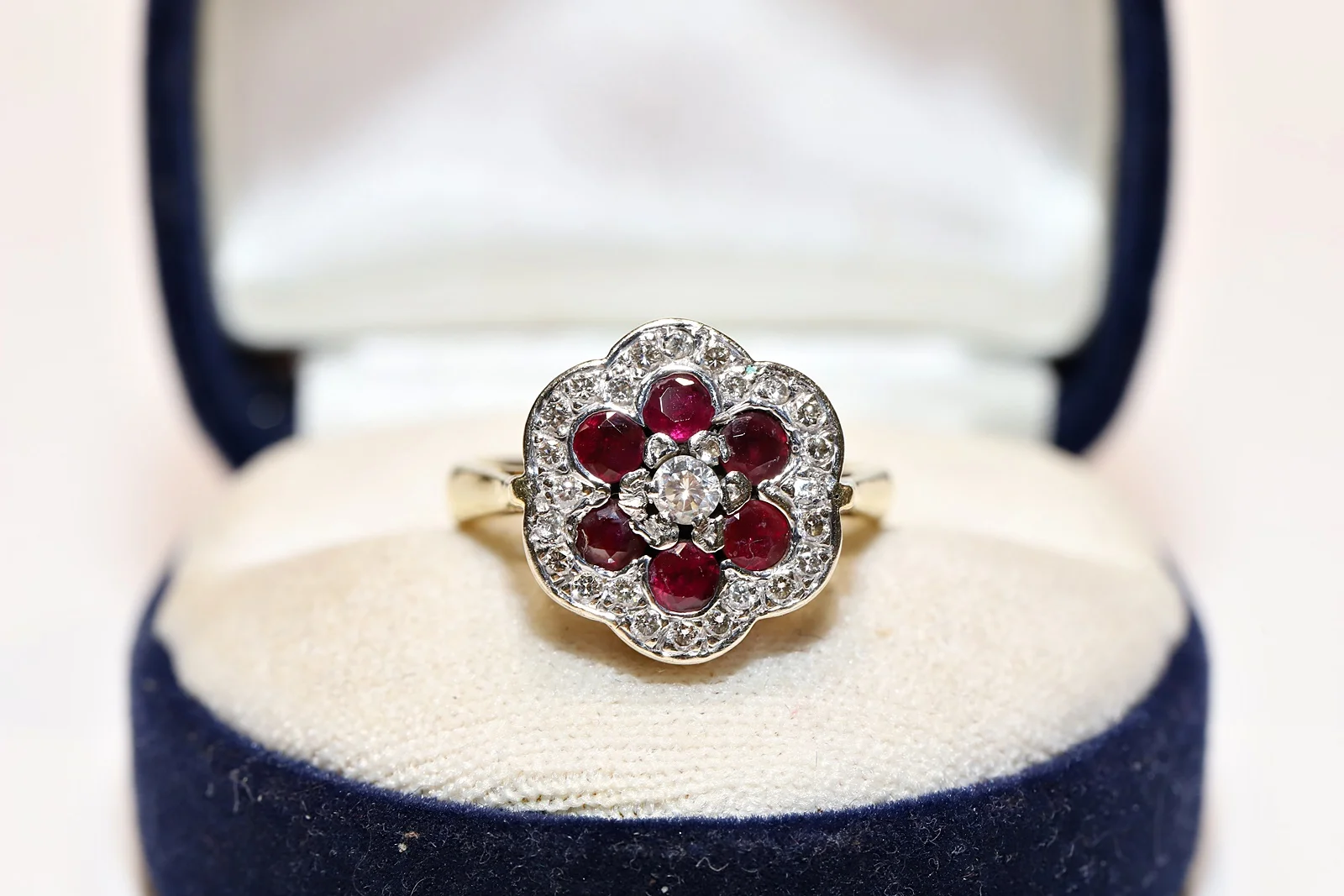 

Perfect Old Original 18K Gold Vintage Natural Diamond and Ruby Decorated Strong Ring