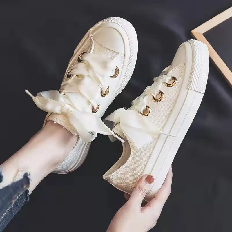 2021 New Canvas Shoes Versatile Laces Light Color Solid Color Cute Trend Casual Flat Bottom Low Top Women's Vulcanized Shoes 