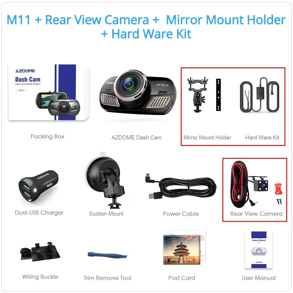 AZDOME M11 Dash Cam DVR 24H монитор парковки автомобиля камера мини Dashcam двойной объектив ночного видения Поддержка gps 1080P - Название цвета: M11-RVC-MMH-HWK
