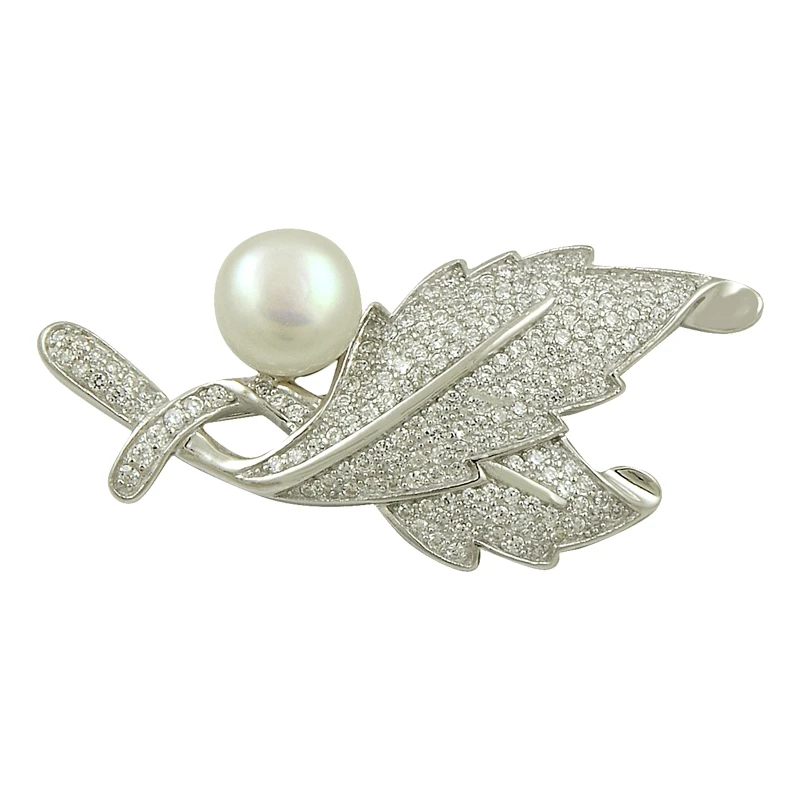 

Silver 925 Sterling Pearl & Zircon Crystal Leaf Design Brooch