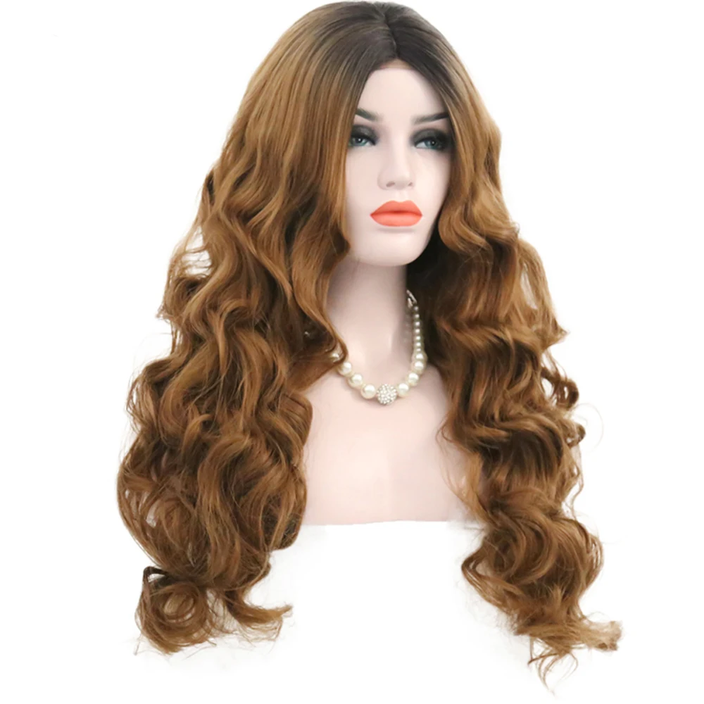 Sintético para Todas as Peles Resistente ao Calor Dianteira do Laço Quinlux Perucas Ombre Brown Ondulado Cabelo Feminino Diário Usar Fibra Substituição 3 High Quality Apliques e perucas