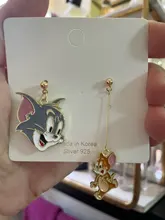 Pendientes con diseño de gato y ratón para mujer, aretes largos y salvajes con Clips para las orejas, joyería sencilla