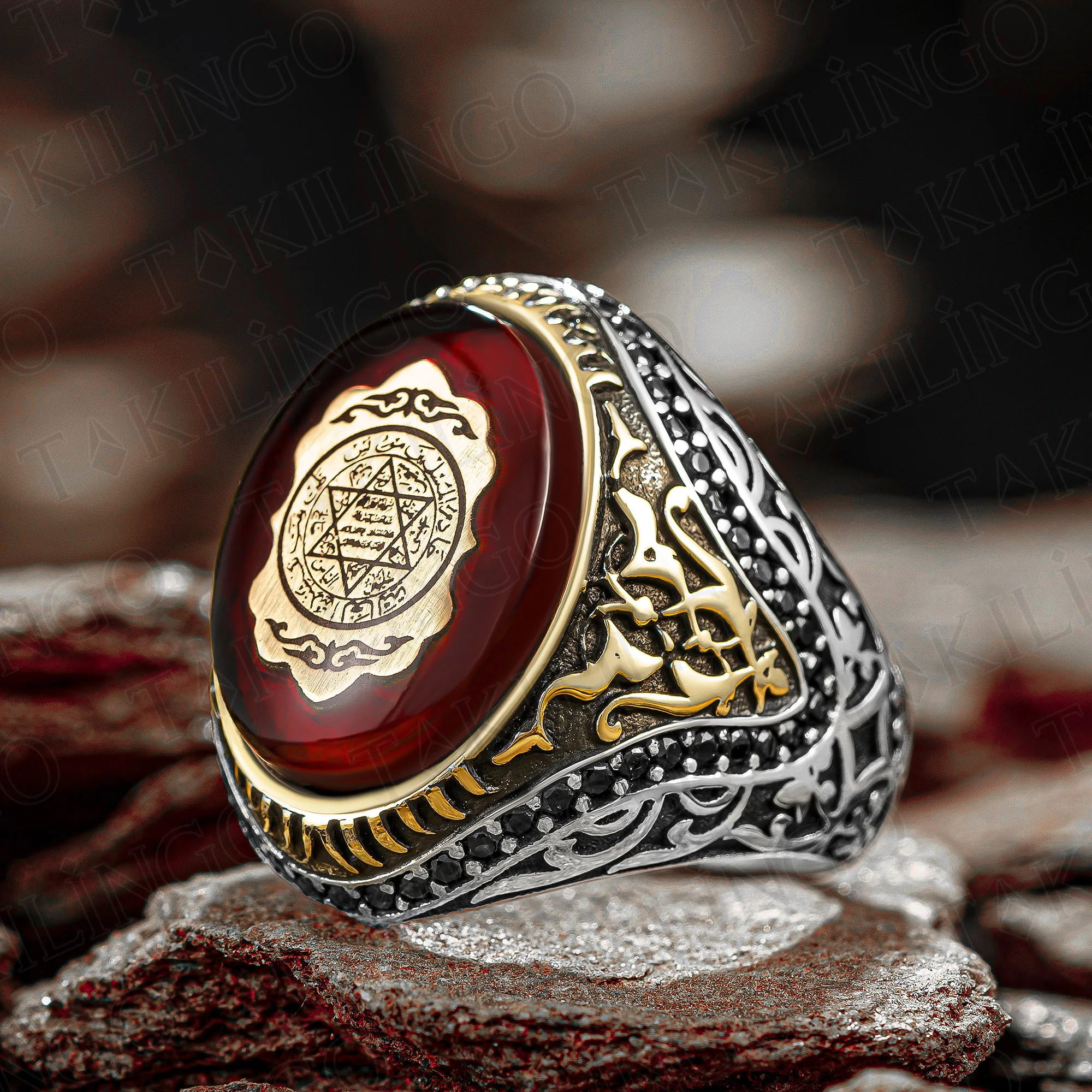 Elegant Design Solid 925 Sterling Silver Seal Of Prophet Solomon On Amber Stone Men s Ring