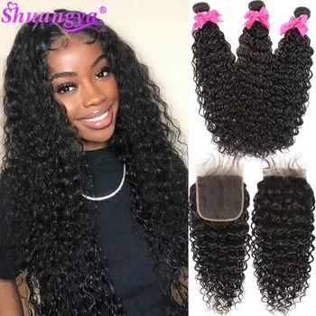 

Transparent Lace frontal With Bundles Brazilian Water Wave Bundles With Frontal 100% Remy Human Hair bundles With Closure