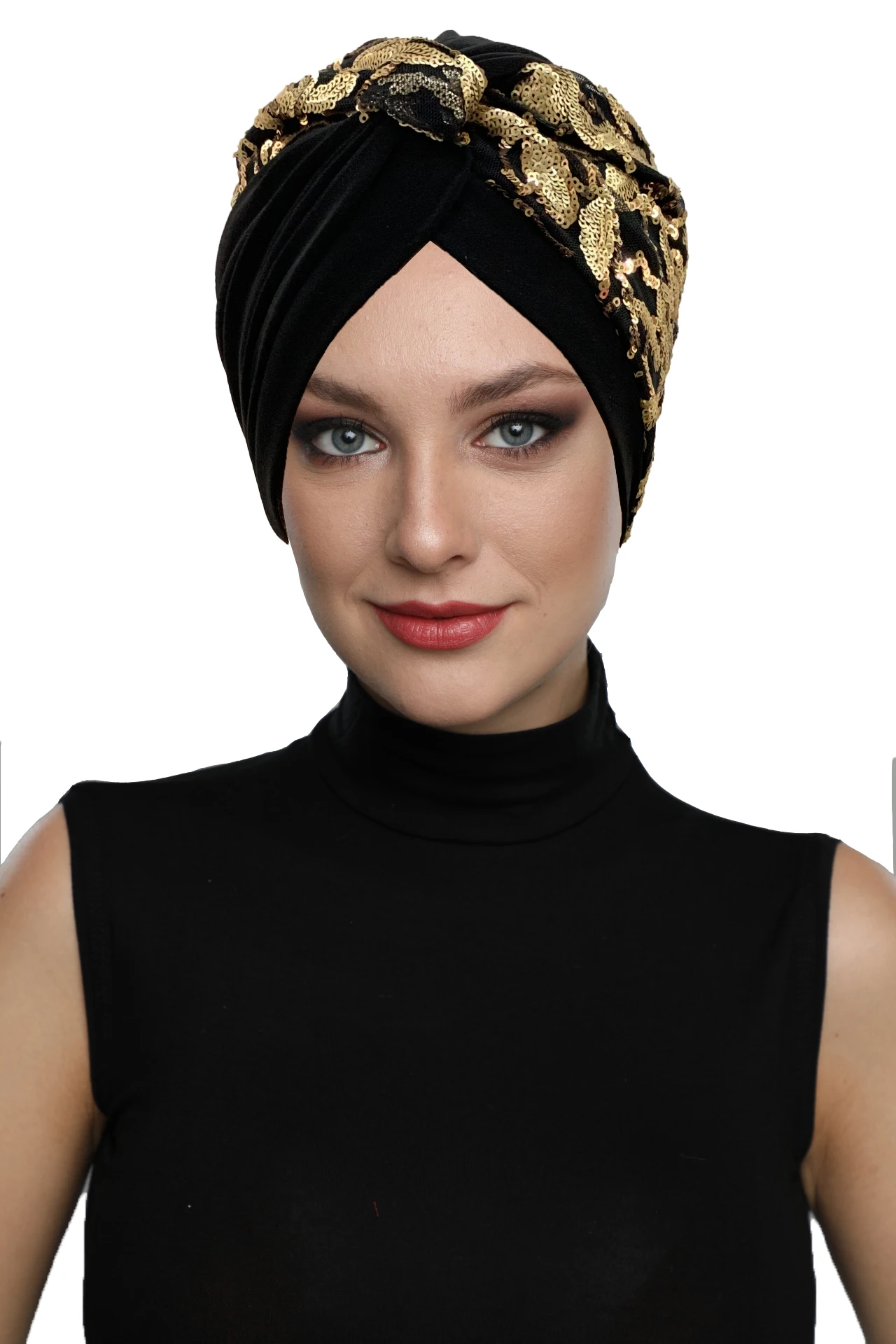 2022 New Fashion Black Gold Sequined Ethnic Pattern Ready Made Turban Hijab Bonnet Scarf Cancer Cap Special Women Product Beret Shawl Muslim Liner Chemo All Season Rib Lame Pearl Bead Custom Design