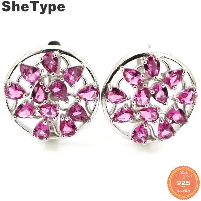 

17x17mm Luxury 6.5g Round Shape Pink Tourmaline Gift For Ladies 925 Solid Sterling Silver Stud Earrings