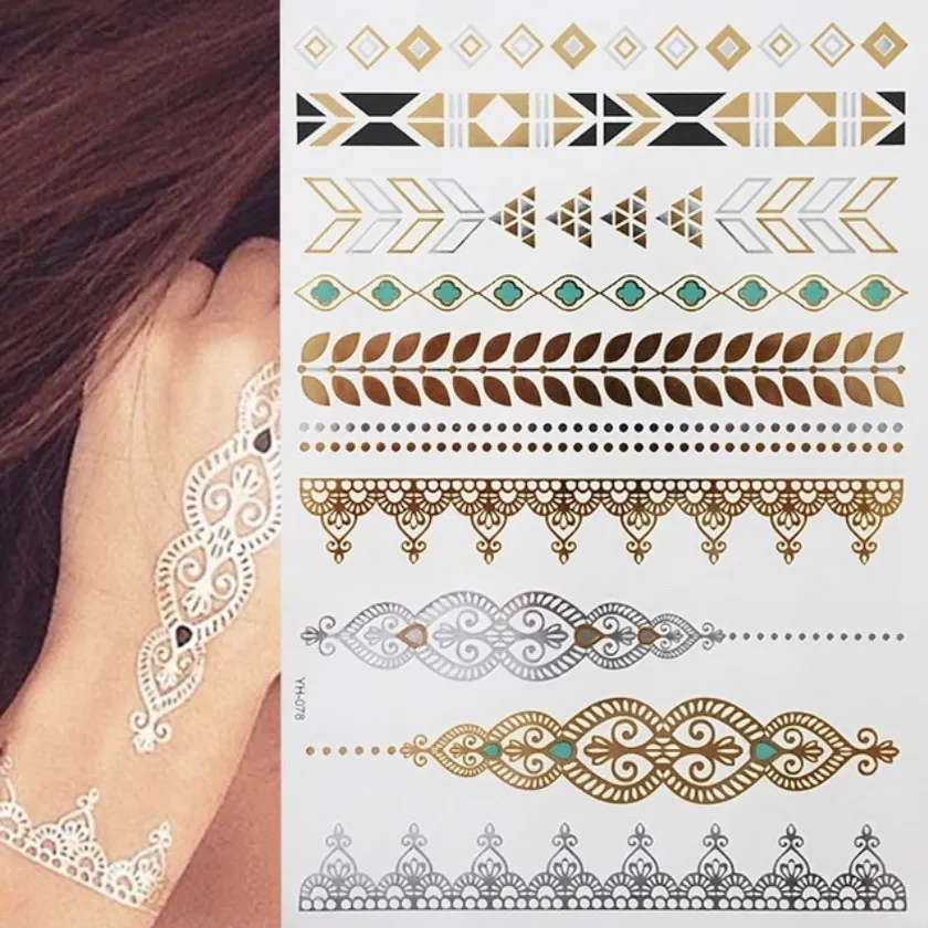 Women Body Art Gold Silver Metallic Tattoo Sticker Chain Bracelet Temporary Tattoo Arm Sleeve Hand Wrist tattoo sticker temporary tattoos tattoo sleeve