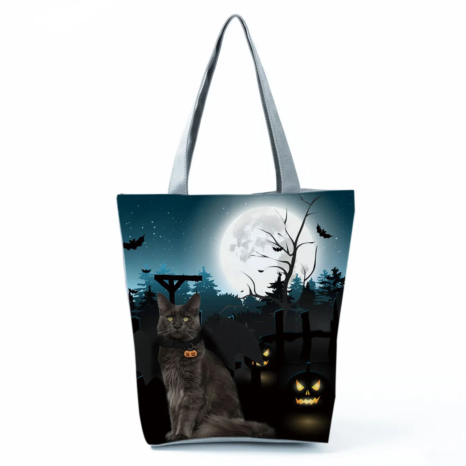 New for 2022 Reusable Handbag Shopping Bags High Capacity Travel Shoulder Bag Moon Cat Print Cool Tote Fashion Ladies Portable 