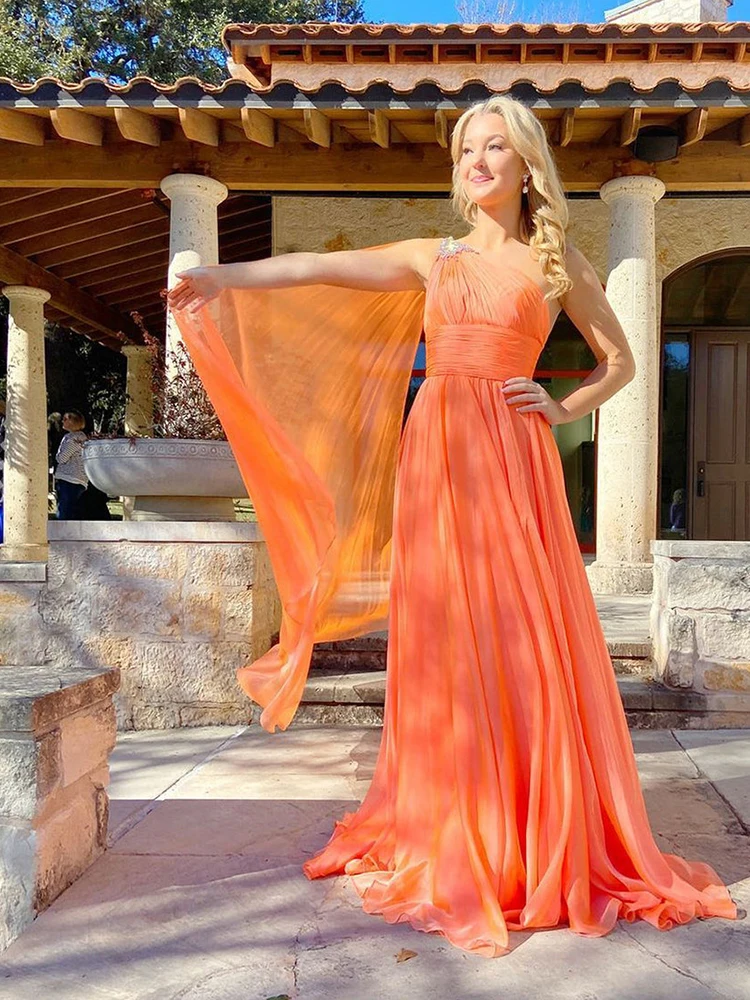 royal blue prom dresses A-Line One-Shoulder Orange Long Prom Dress With Cloak Sleeveless A-LINE Boat Neck Formal Party Dress 2022 New white prom dress