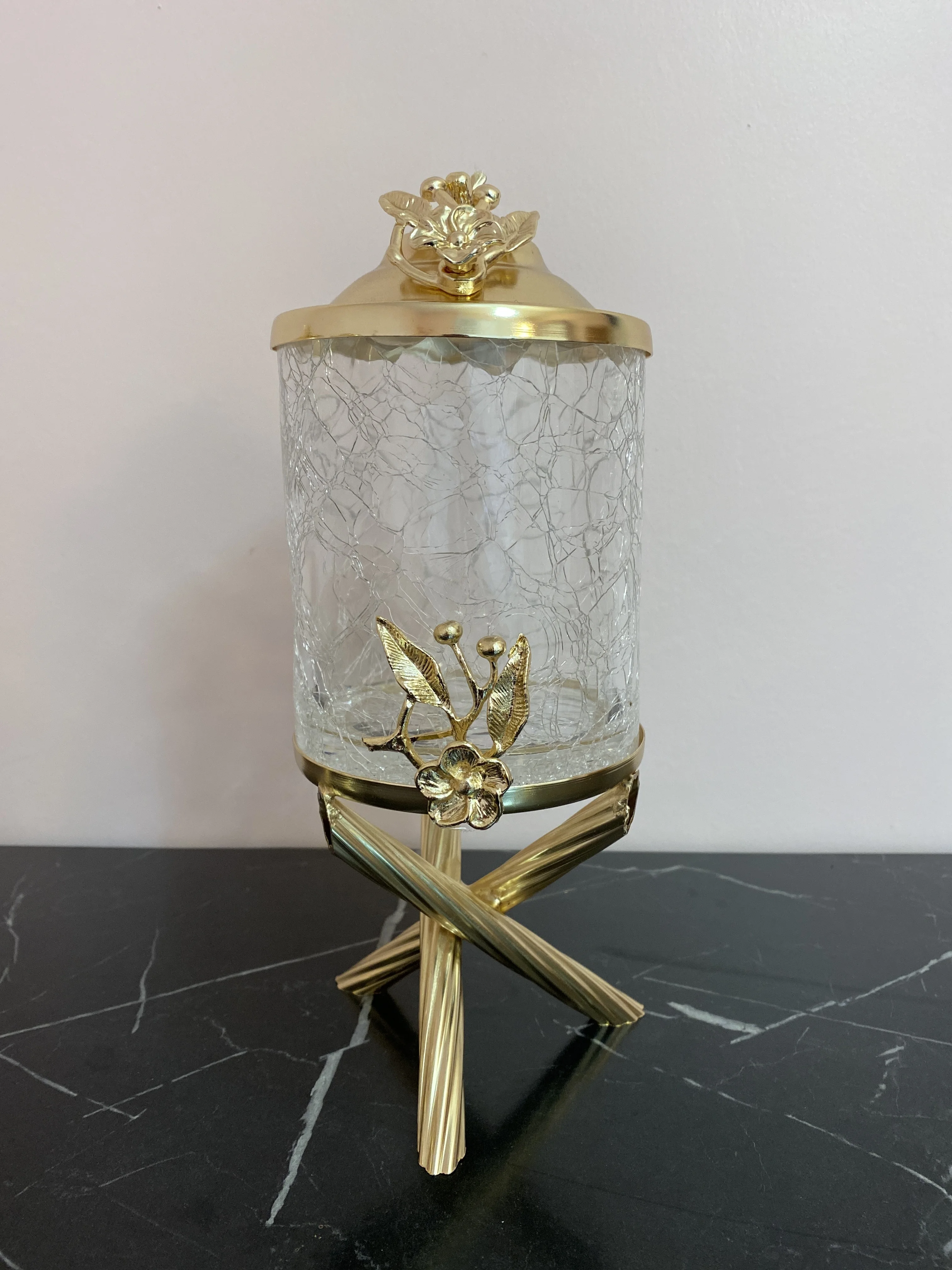 3-piece glass canister set with gold accents