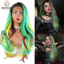 EEWIGS красочные радужные зеленые синтетические парики на кружеве длинные волнистые парик с короткими корнями жаростойкий парик королевы для женщин