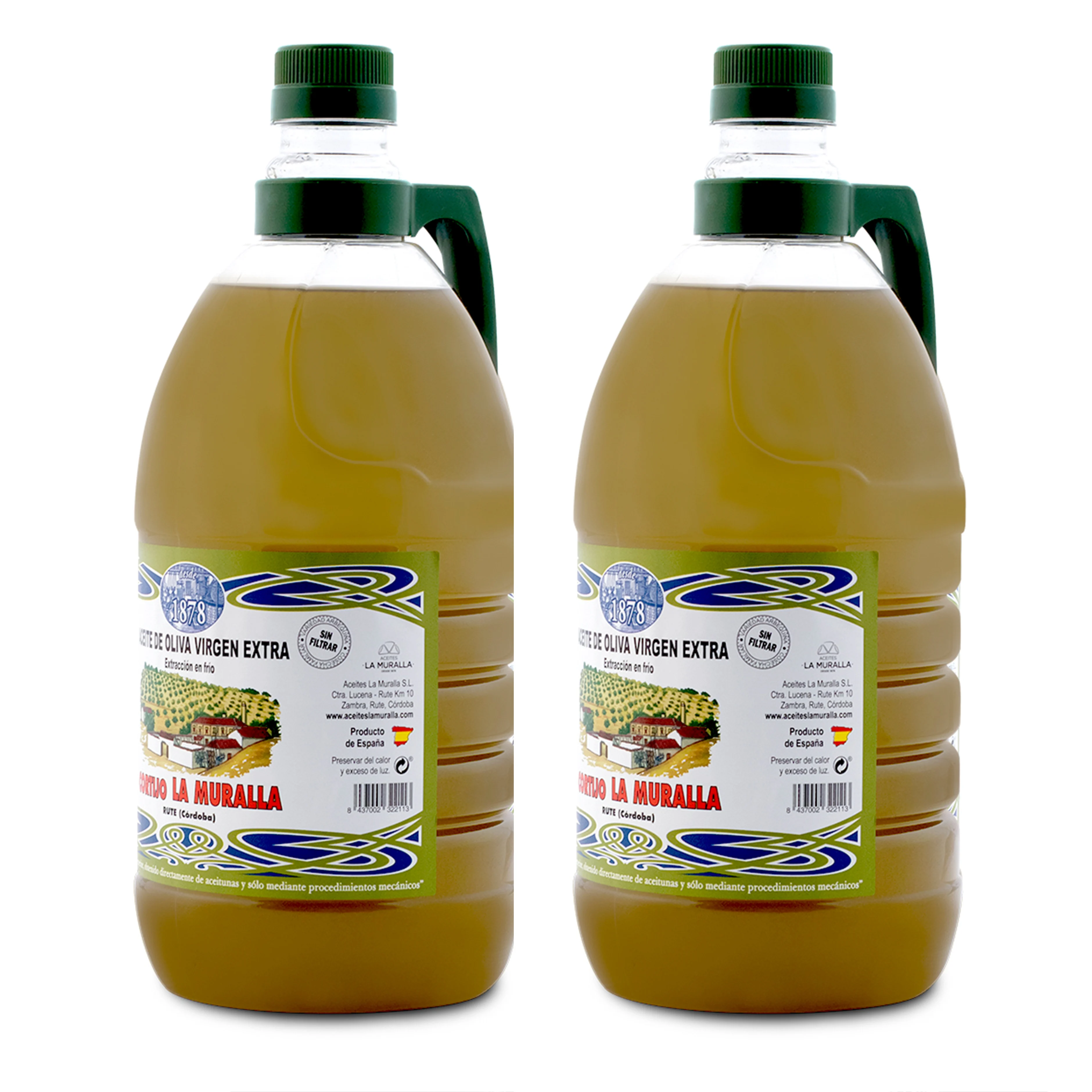 Extra virgin olive oil, Cortijo La Muralla, Arbequina variety, 2 2 L Garrafas, cold extraction, AOVE 100% Natural