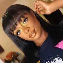 Peluca de Bob corto recta de máquina completa con flequillo negro Natural brasileño Remy pelucas de cabello humano 150% densidad media Ratio Bob peluca