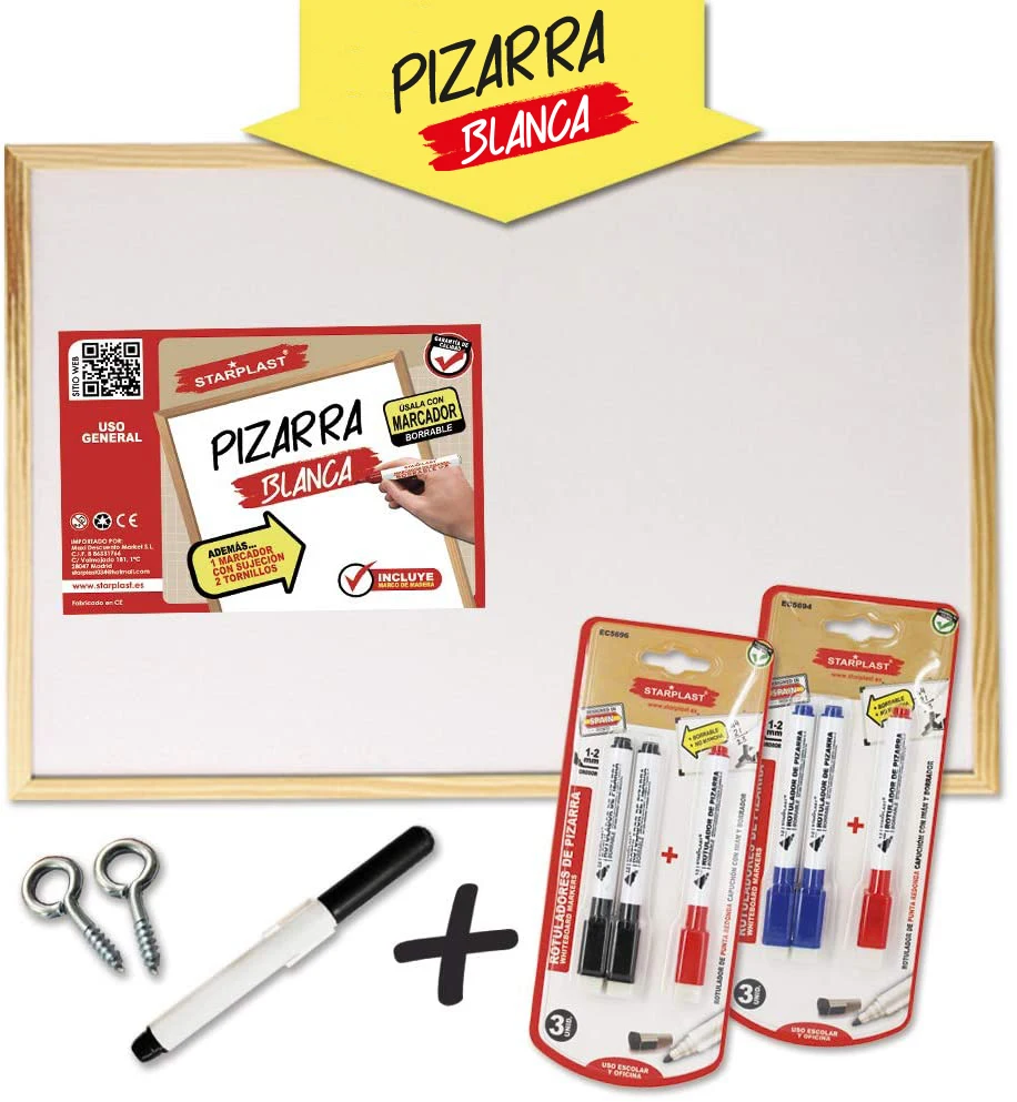 Gran venta PIZARRA BLANCA STARPLAST - Pack pizarra blanca, con marco de madera, no magnética, con rotuladores y tornillos para pared. AjXNednoAbr