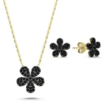 

Angemiel 925 Silver Black Zircon Stone Daisy Set-Gold Plated