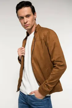 

DeFacto Man Spring Fashion PU Mont Jackets Men Casual Zipper Khaki Color Top Coats Male Cool Solid Color Jacket-I4158AZ18SP