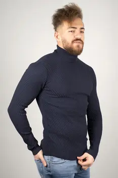 

DeepSEA Navy Blue Mesh Patterned Slimfit Turtleneck Sweater 1808082