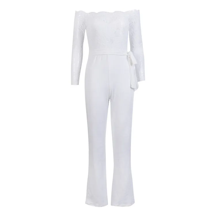 White jumpsuit Женские Летние Осенние сексуальные комбинезоны с открытыми плечами, Модные прозрачные кружевные лоскутные облегающие комбинезоны с длинным рукавом - Цвет: White jumpsuit
