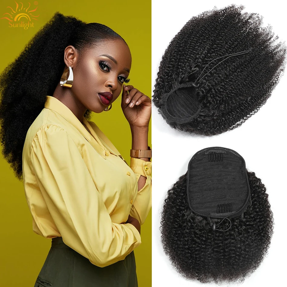 Human Hair Extensions Draw String Ponytails Jerry Afro Kinky Curly Virgin  Human Hair Clip In Ponytail Extension for Black Women