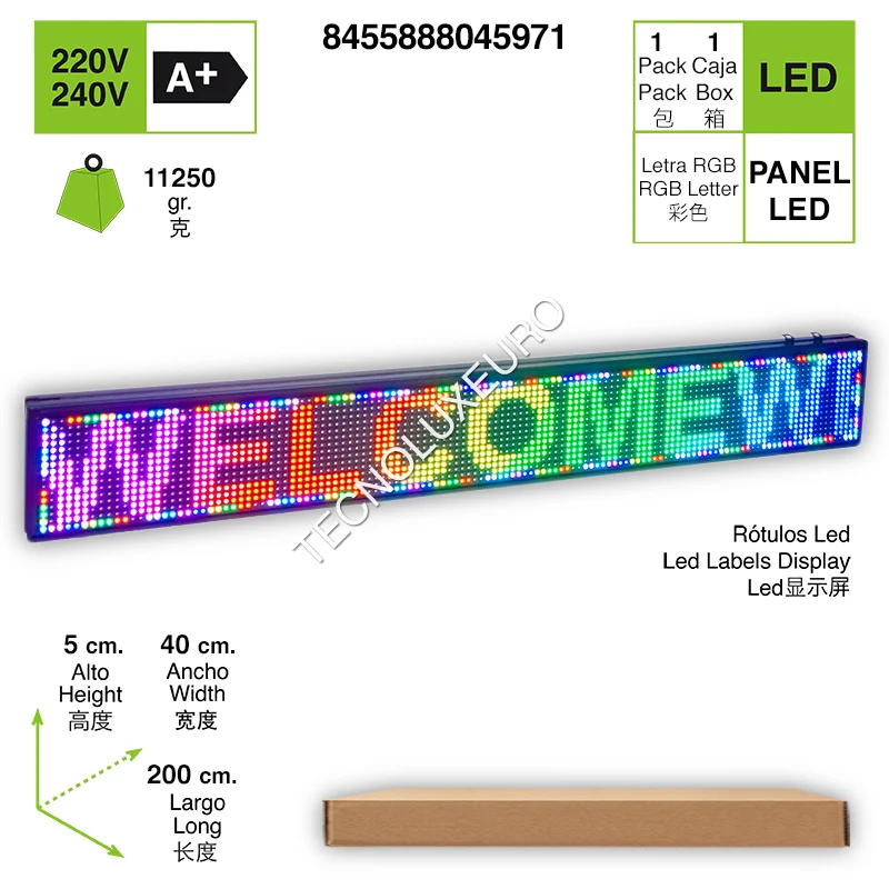 Rótulo de LED electrónico hecho de  aluminio, pantalla de letras RGB 200CM X 40CM X 5CM