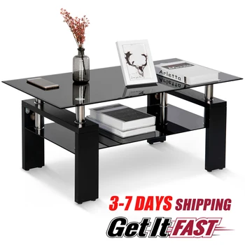 

100CM Black Tempered Glass Coffee Table Top Cocktail Living Room Modern 2 Tier Clear Side End Console Table With Lower Shelf