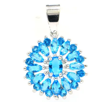 

28x19mm Pretty Round Shape Created Paris Blue Topaz Woman's Party Silver Pendant