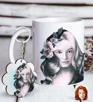 

Personalized Women 'S Artistic Portrait Design White Mug and Keychain Gift Seti-3