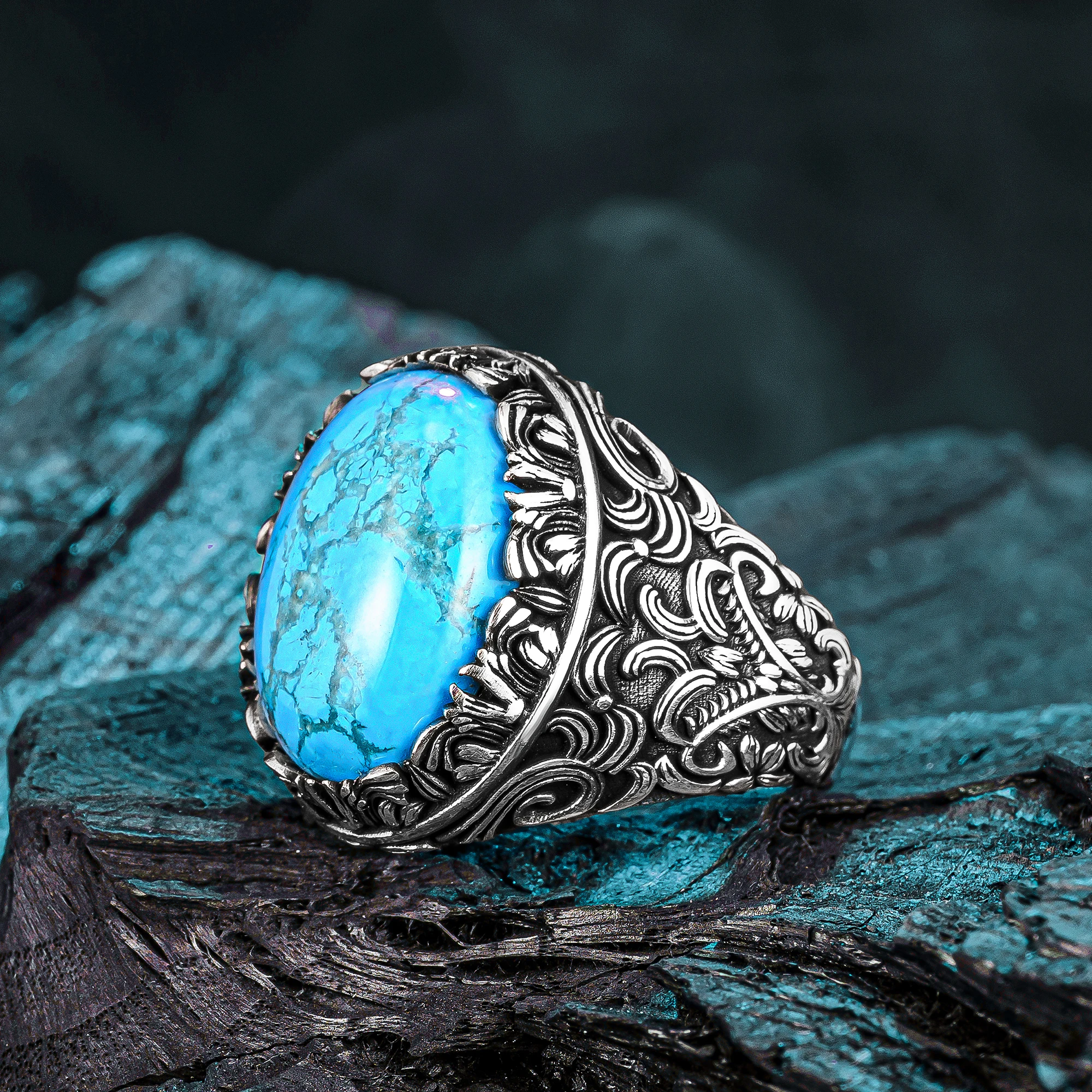 

Solid 925 Sterling Silver Men Ring with Raw Dished Oval Blue Turquoise Stone Ring Handmade Vintage Ring Natural Gemstone Ring