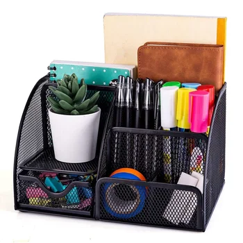 

Metal pen holder desk organizer organizador de escritorio office desk accessories desktop storage box 6 compartments with drawer