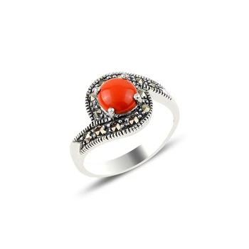 

Silver 925 Sterling Coral & Marcasite Ring