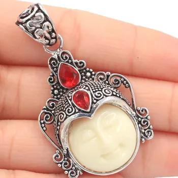 

53x30mm Special Moon Goddess White Face Blood Ruby Woman's Party Silver Pendant