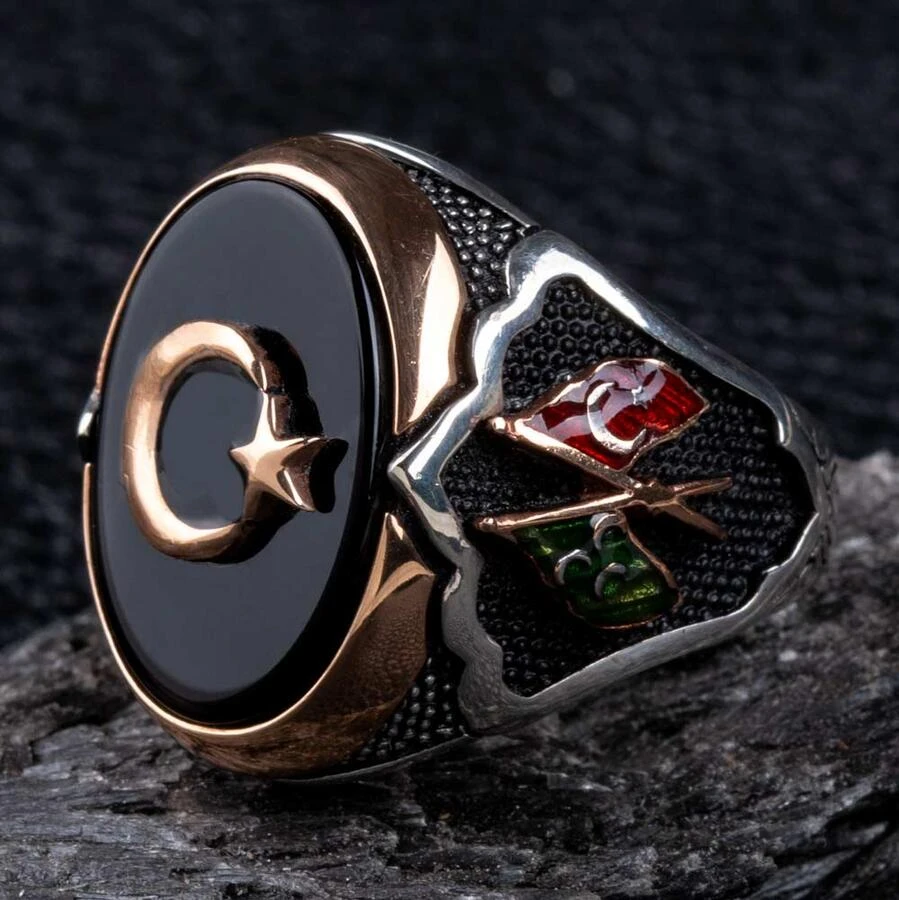 Black Onyx Stone Silver Crescent And Star Ring With Flags 925 Sterling Silver Ring For Men Onyx Men S Ring Rings Aliexpress