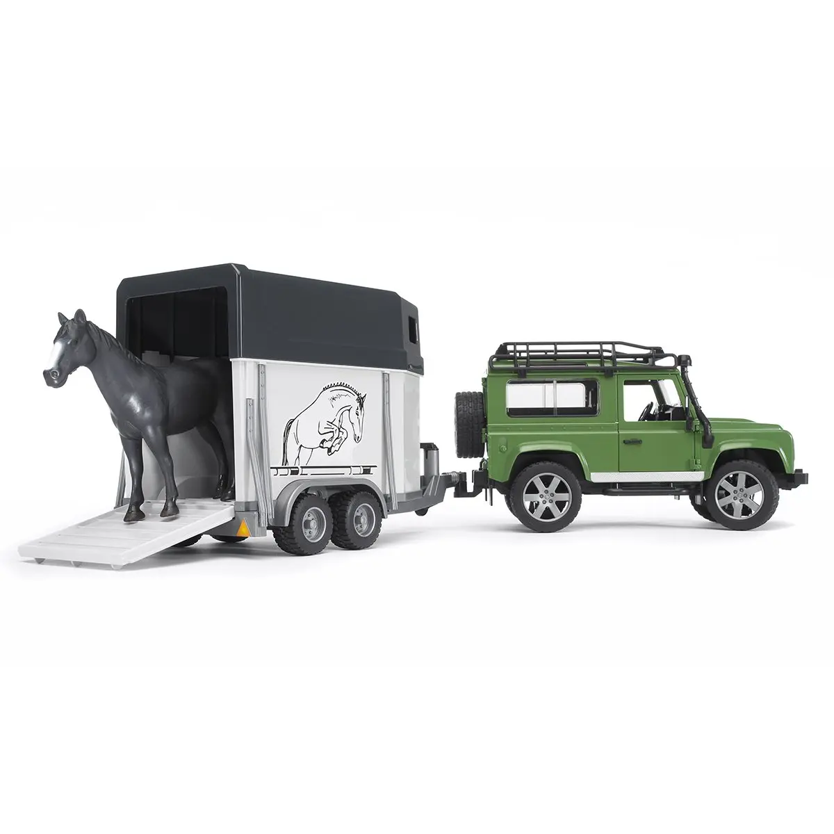 Внедорожник Bruder Land Rover Defender с прицепом коневозкой и лошадью| |